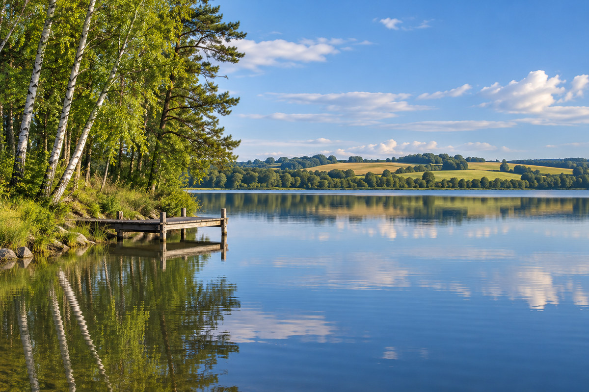 Central Minnesota lake with a birch shoreline, a wooden dock and farm fields beyond