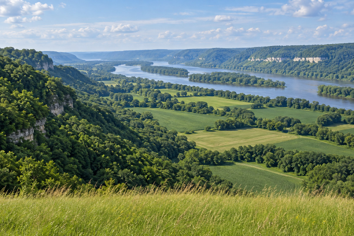 Mississippi River bluffs above a wooded valley and farm fields in southeast Minnesota