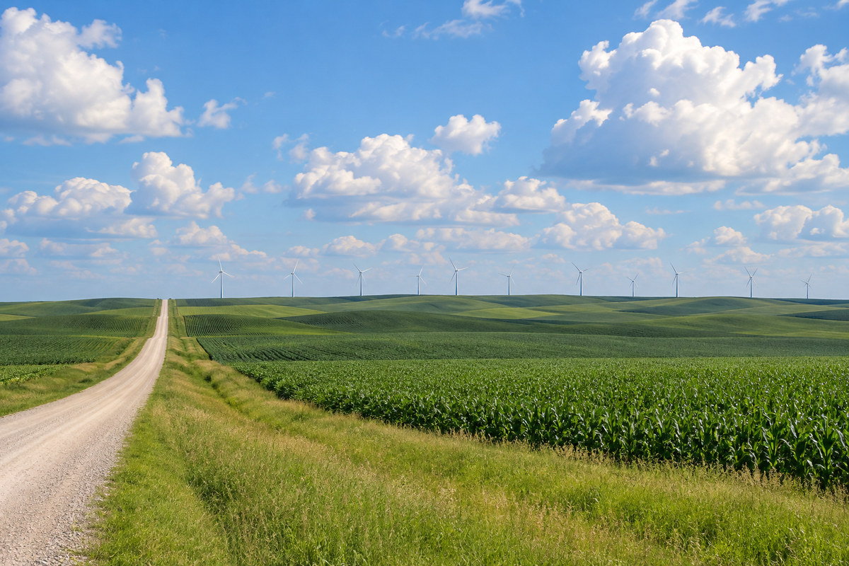 Open southwest Minnesota prairie farmland with a gravel road and wind turbines on a ridge