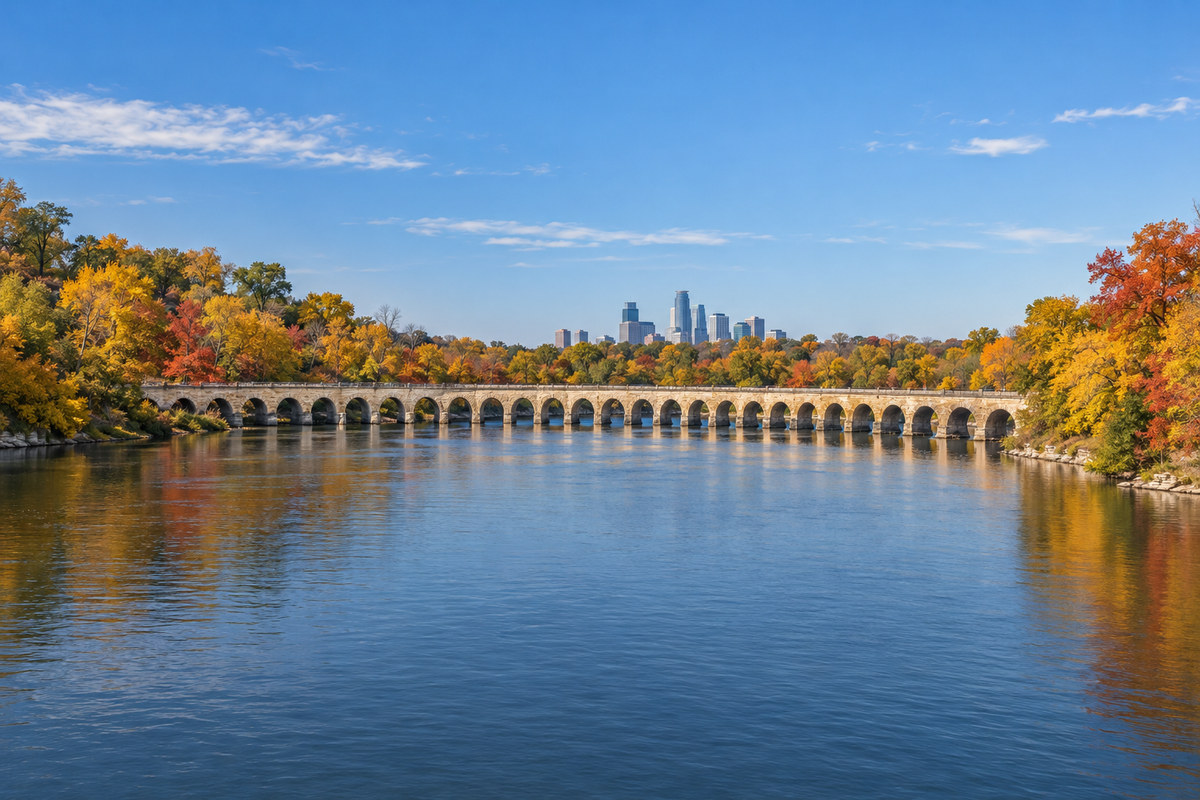 Minneapolis skyline above the Mississippi River and the Stone Arch Bridge on a clear autumn day